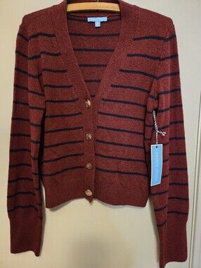 NWT Draper James Varsity Cardigan Burgundy Navy Blue Striped Gold Button